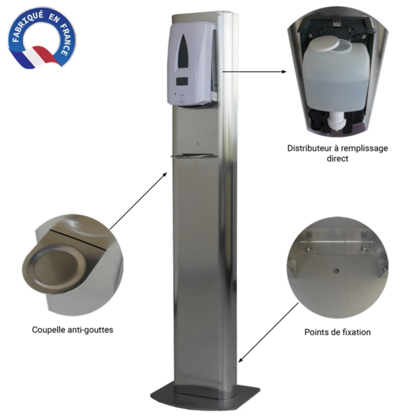 Station distributeur gel hydroalcoolique sur pied inox San'inov